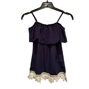 No Boundaries XS Polyester Navy Blue Off Shoulder White Lace Top Frilly Blouse